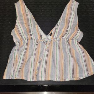 NWOT Minkpink Womens Multi Mahi Grey Pink Drawstring Top Deep V Neck Sz S BEACH